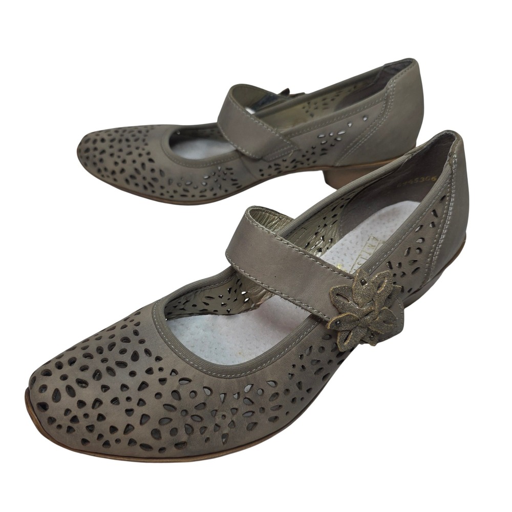Rieker‎ W's GrayLeather PerforatedMaryJaneShoes FlowerDetail Sz40 Flaw!See pics